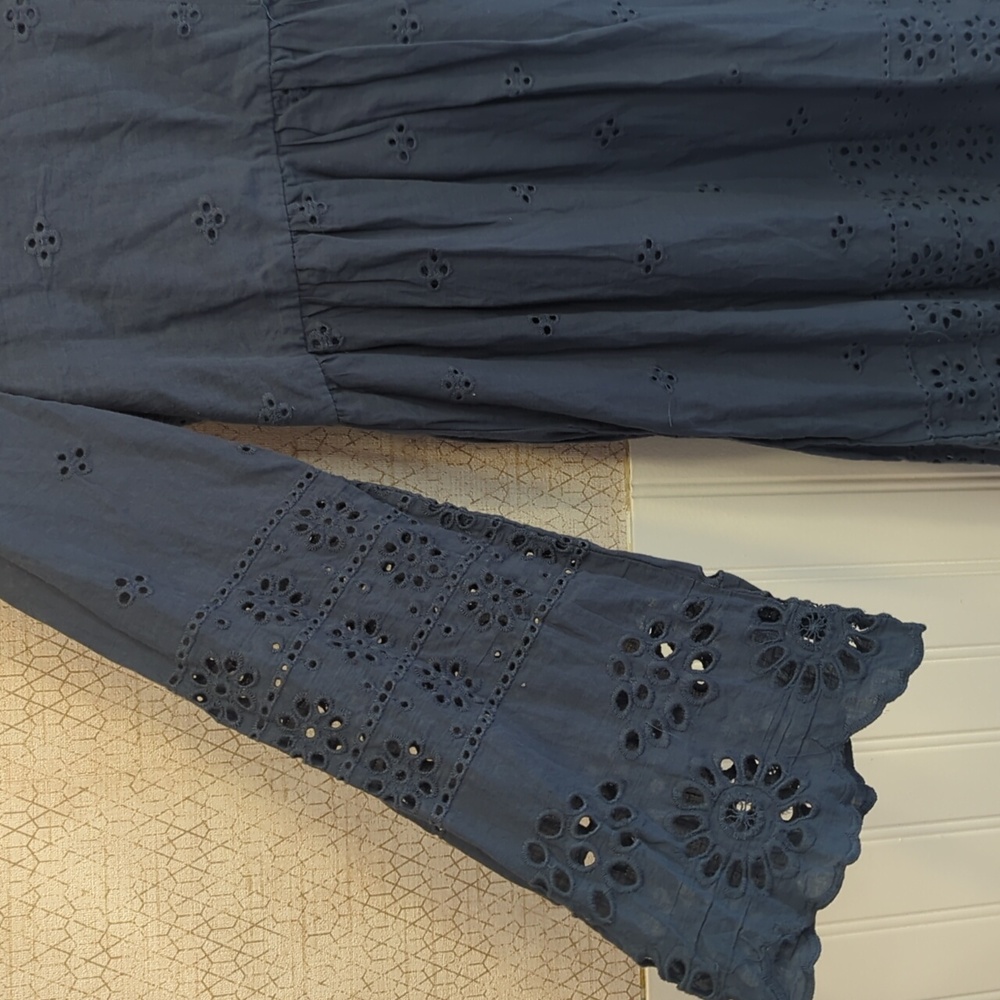Suzanne Betro Navy Eyelet Empire Waist Dress, Bell Sleeves, Cotton, Navy, Medium